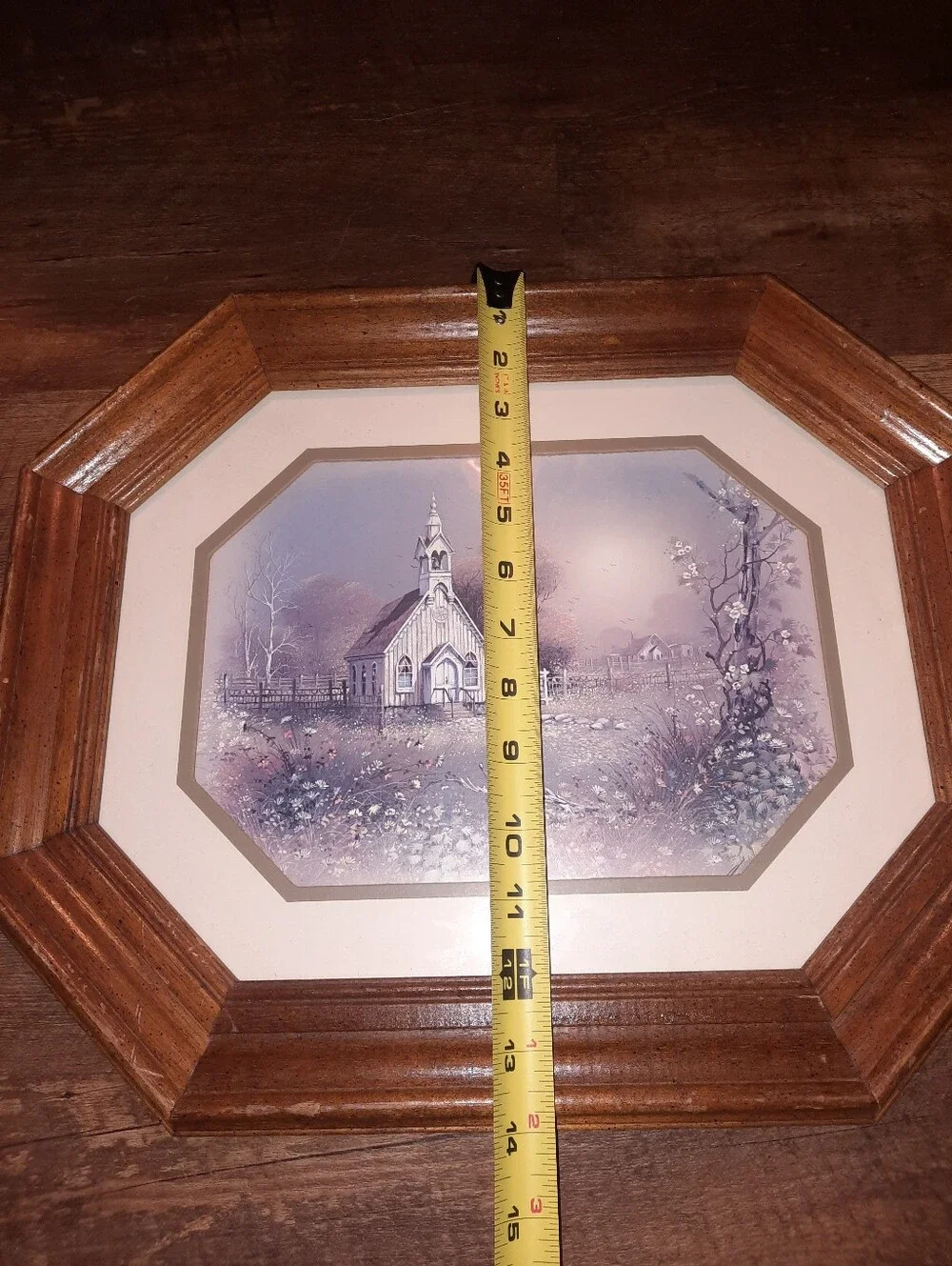 Vintage Framed Homeco Pastel Chapel Print in Brown Octagonal Frame
